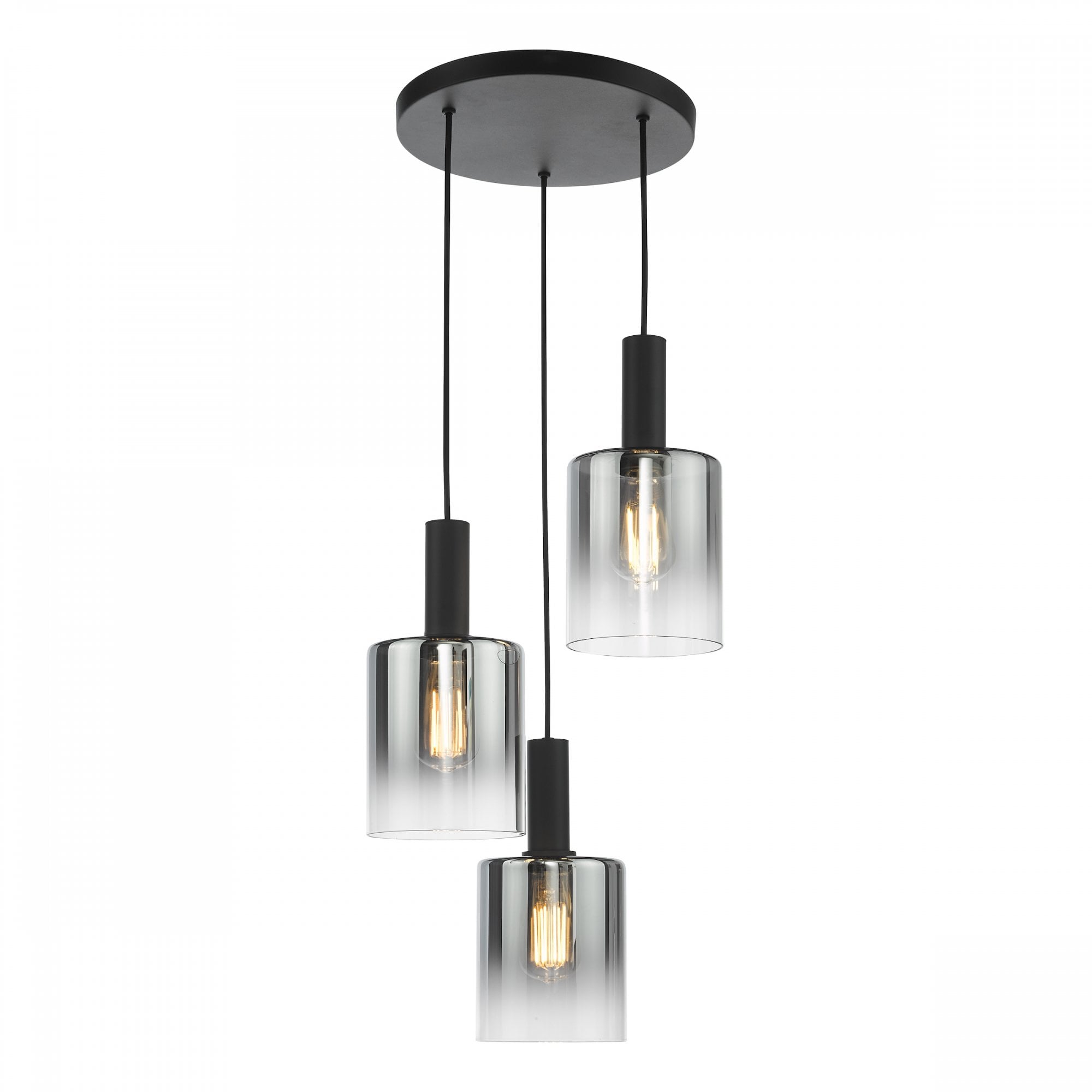 A modern black chandelier with three glass cylindrical shades of varying heights, against a white background.