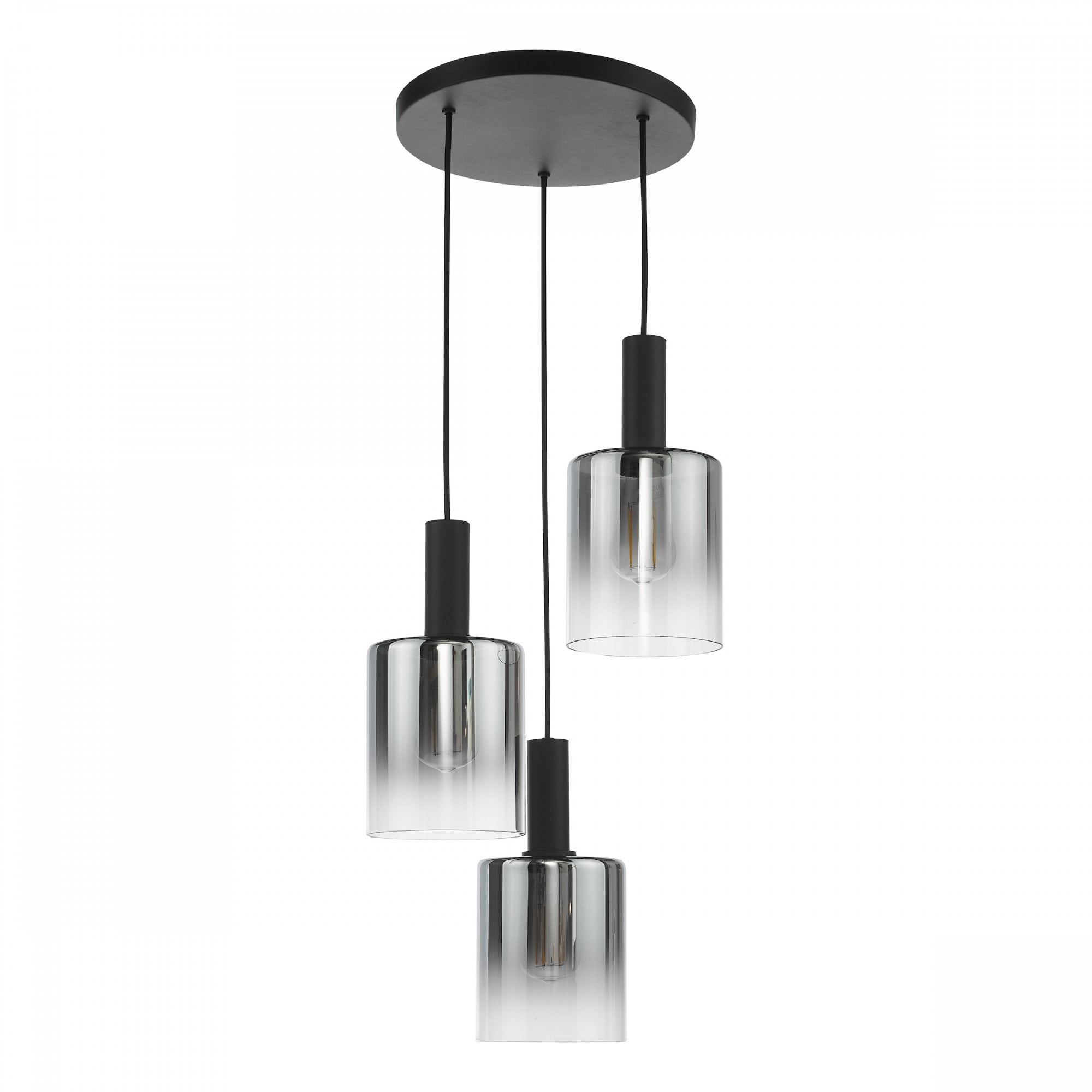 A sleek black chandelier with three smoked glass cylindrical shades on a white background.