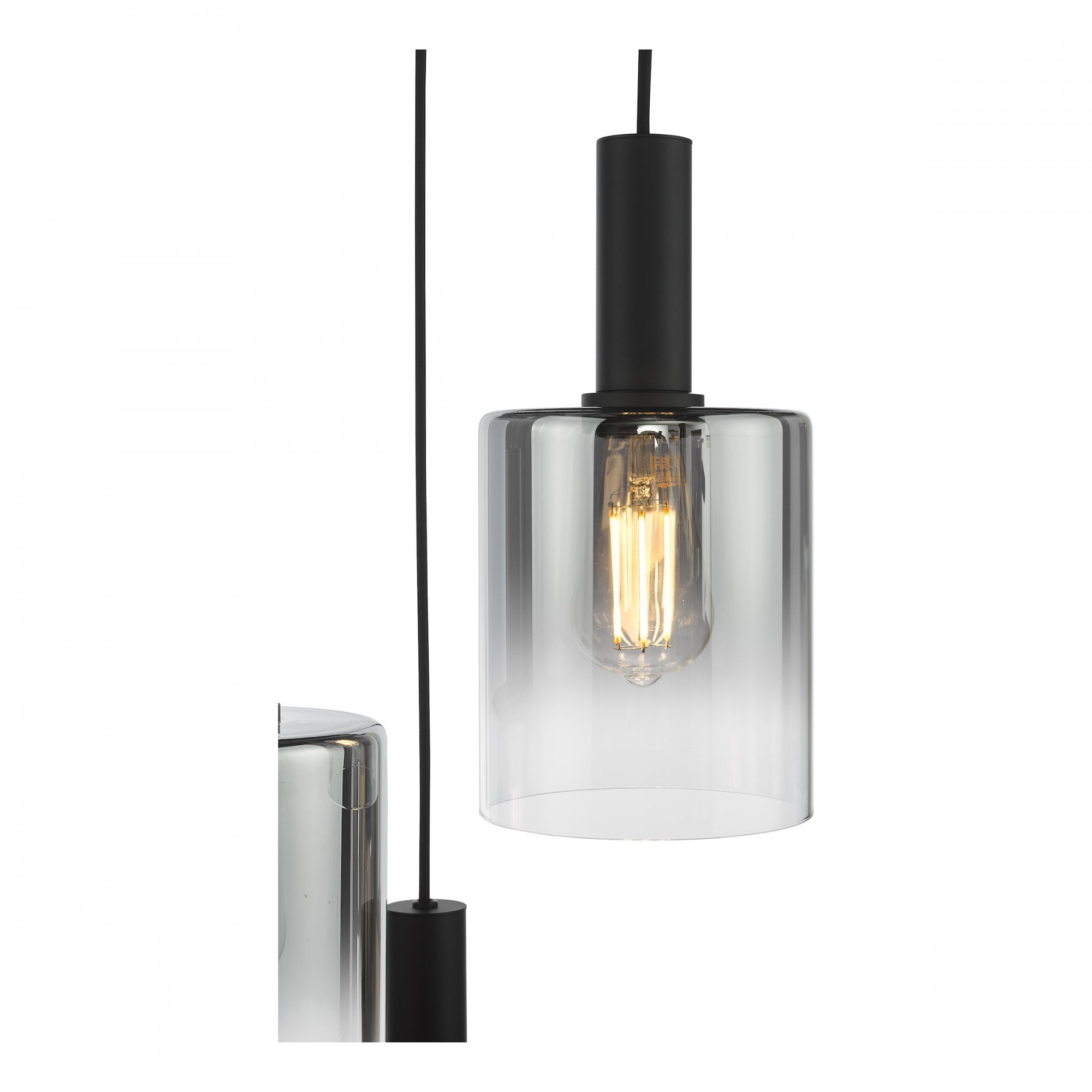 Close-up of a modern cylindrical pendant light with a smoked glass shade and Edison bulb.