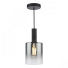 A sleek pendant light with a black fixture and a smoky gray glass shade.