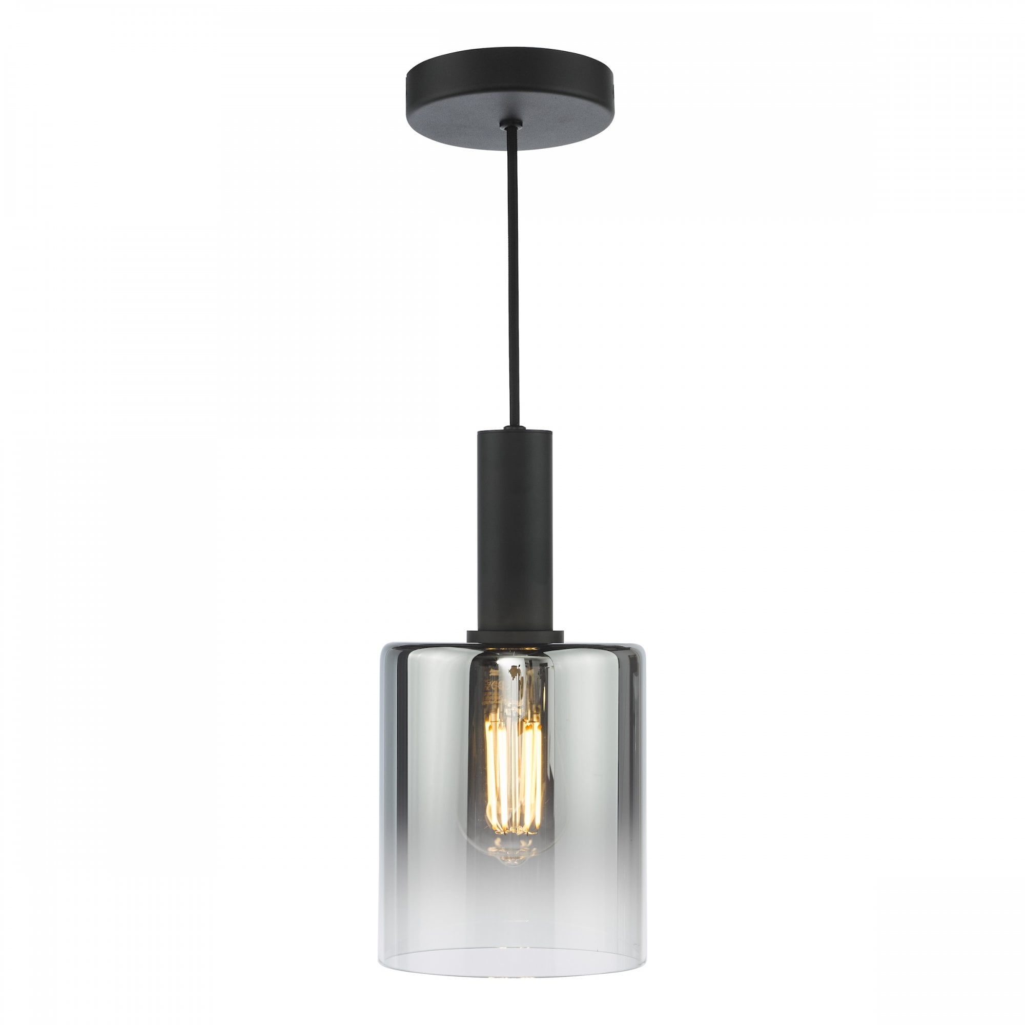 A sleek pendant light with a black fixture and a smoky gray glass shade.