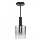 A modern pendant light featuring a black ceiling rose and a translucent glass shade.