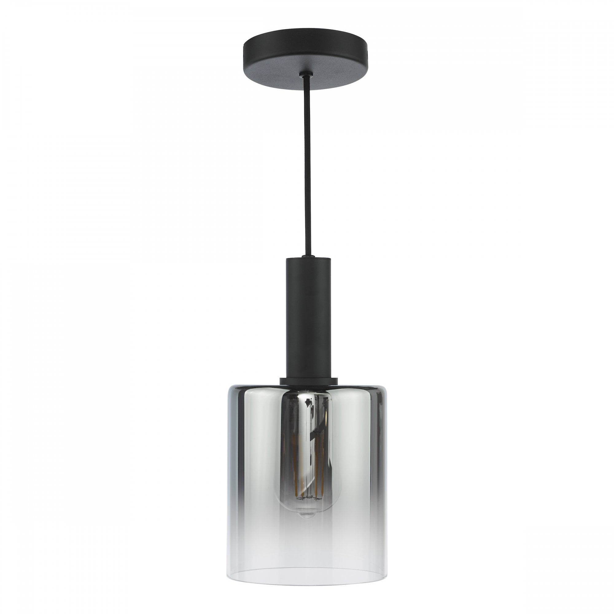 A modern pendant light featuring a black ceiling rose and a translucent glass shade.