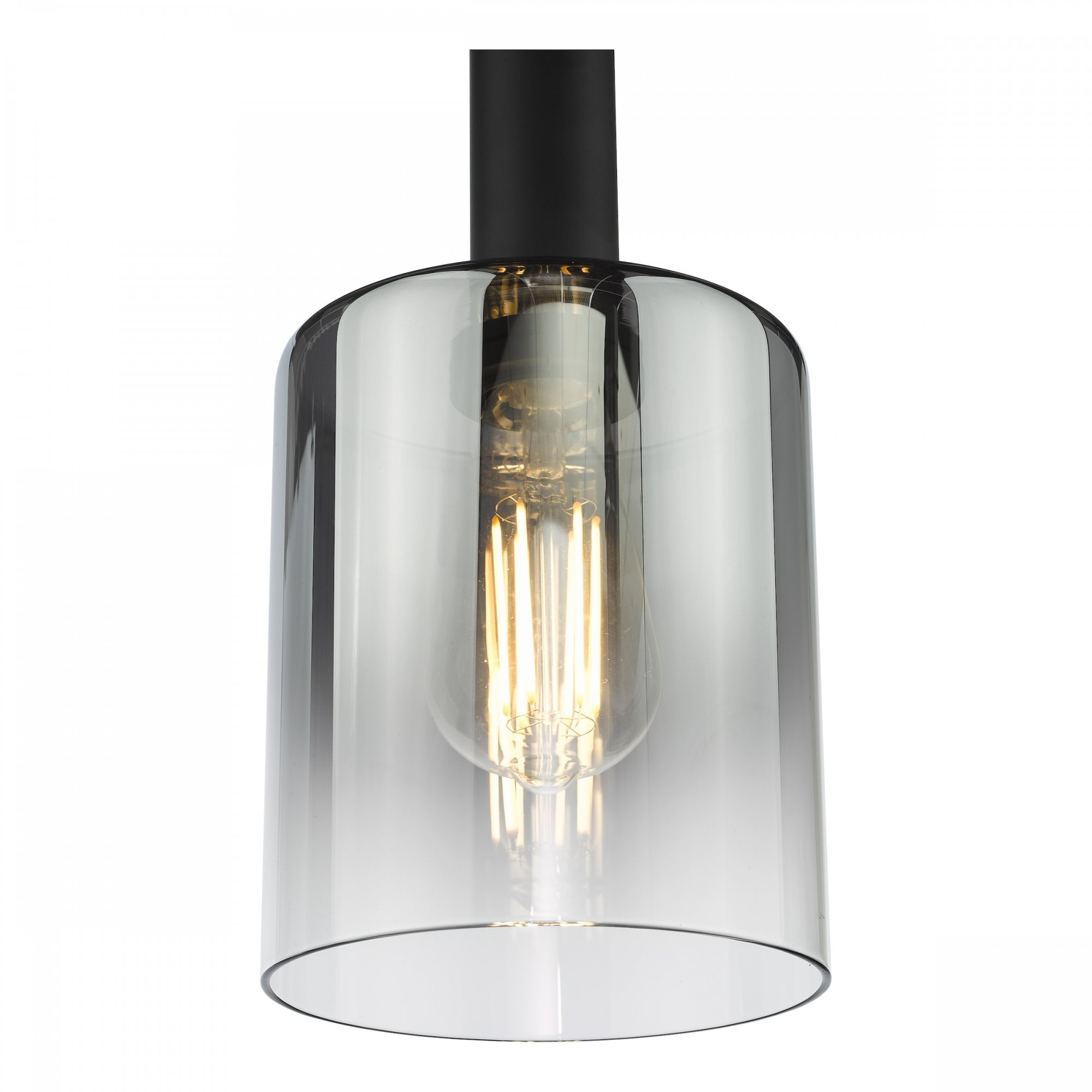 Close-up of a pendant light with a black top and a smoked glass cylinder shade.