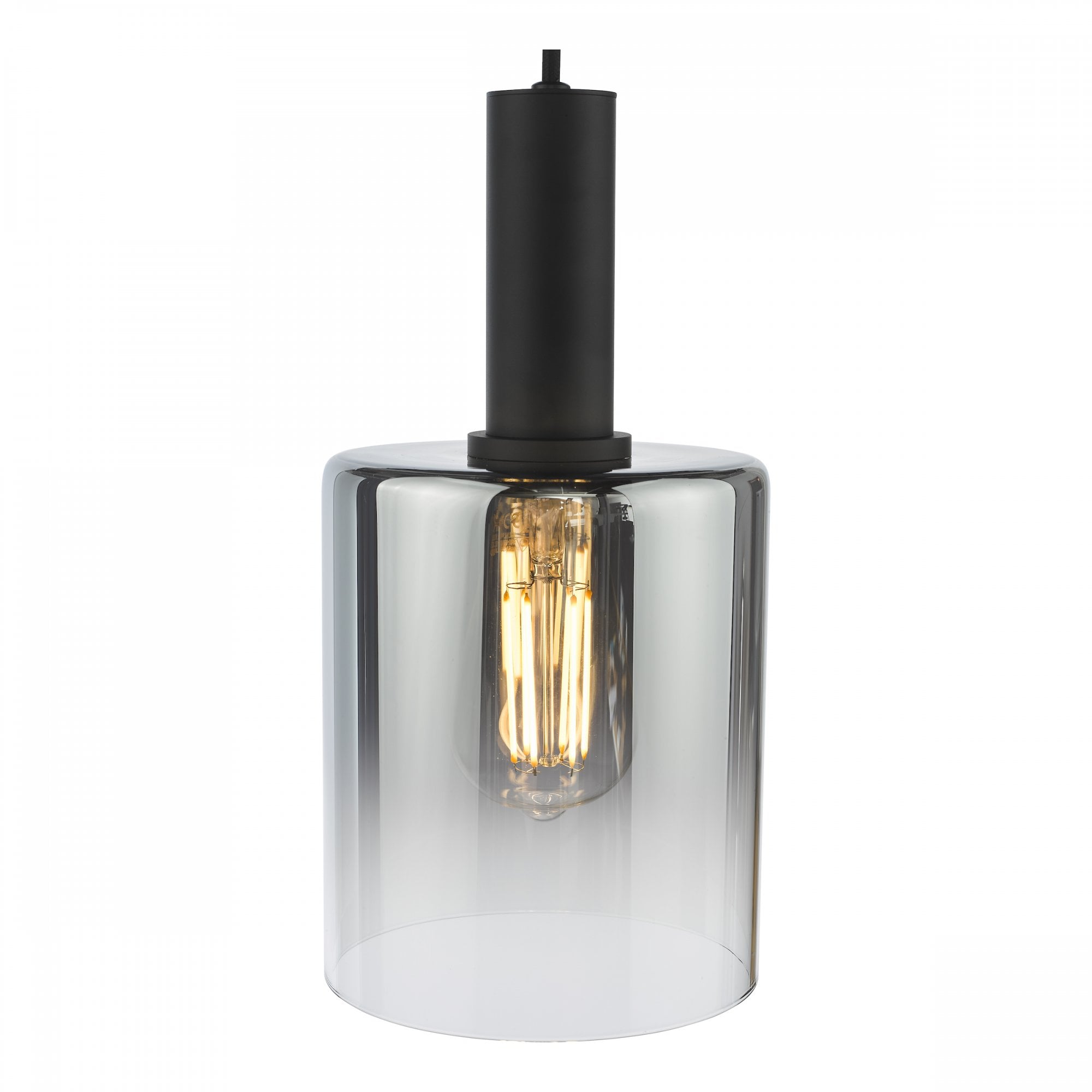 A contemporary pendant lamp featuring a black base and a cylindrical smoked glass shade.