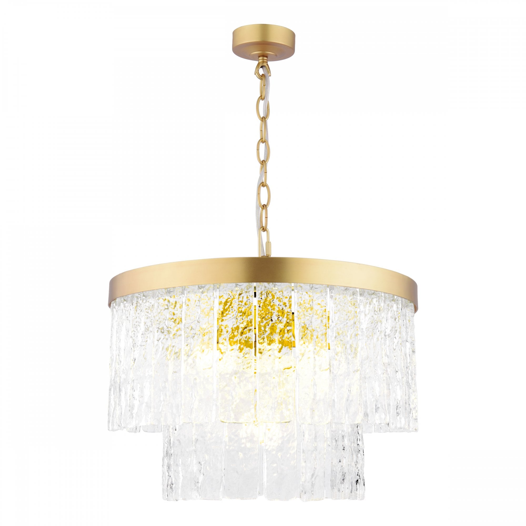 A two-tiered glass chandelier with a brass ring, brightly lit against a white background.