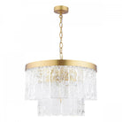 A two-tiered glass chandelier with a brass ring, unlit against a white background.