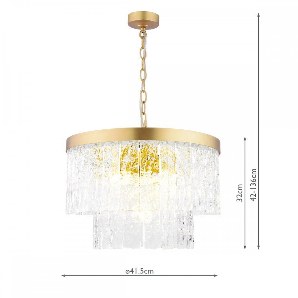A diagram showing the dimensions of the two-tiered glass and brass chandelier.