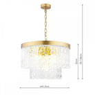 A diagram showing the dimensions of the two-tiered glass and brass chandelier.