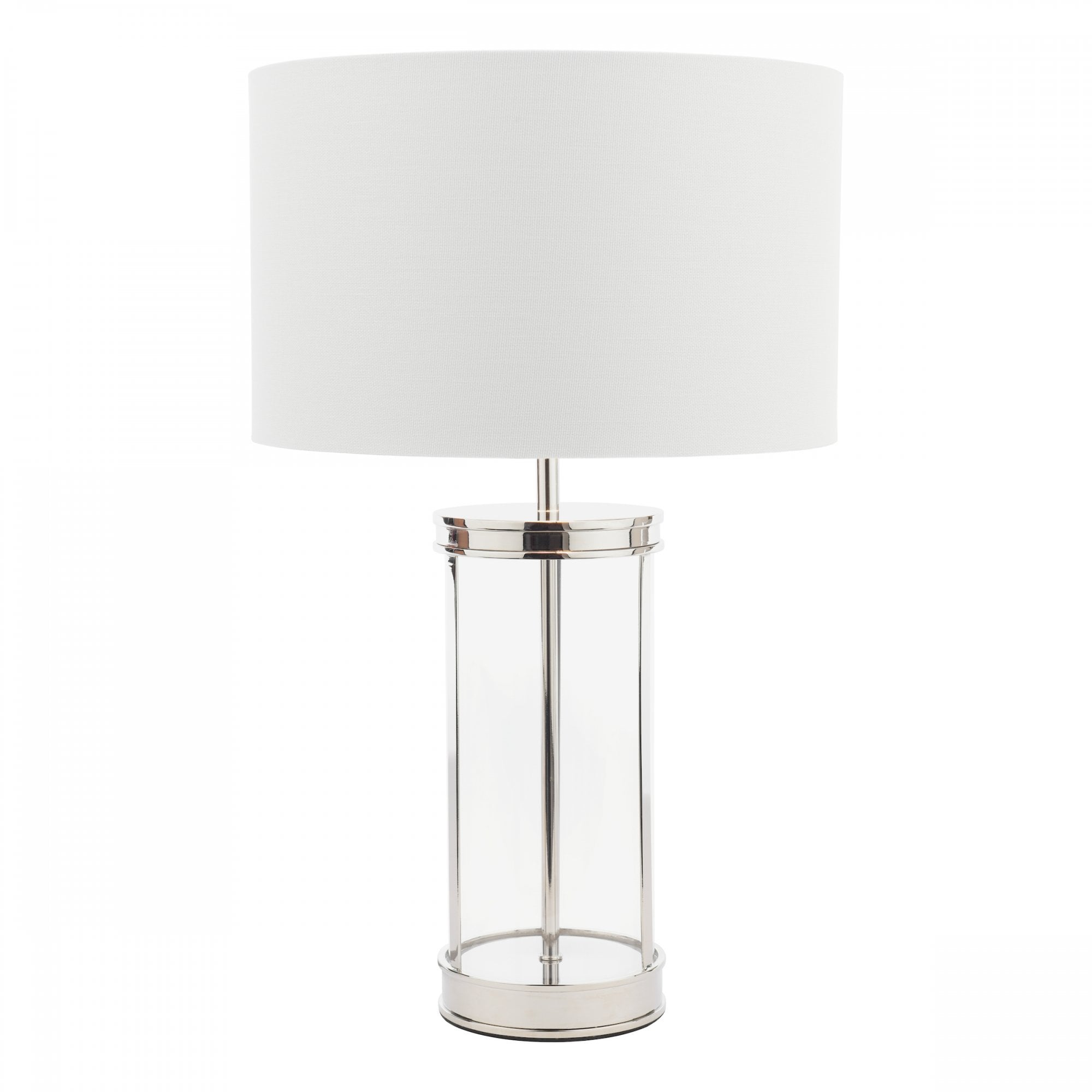 A glass and metal table lamp with a white lampshade on a white background.
