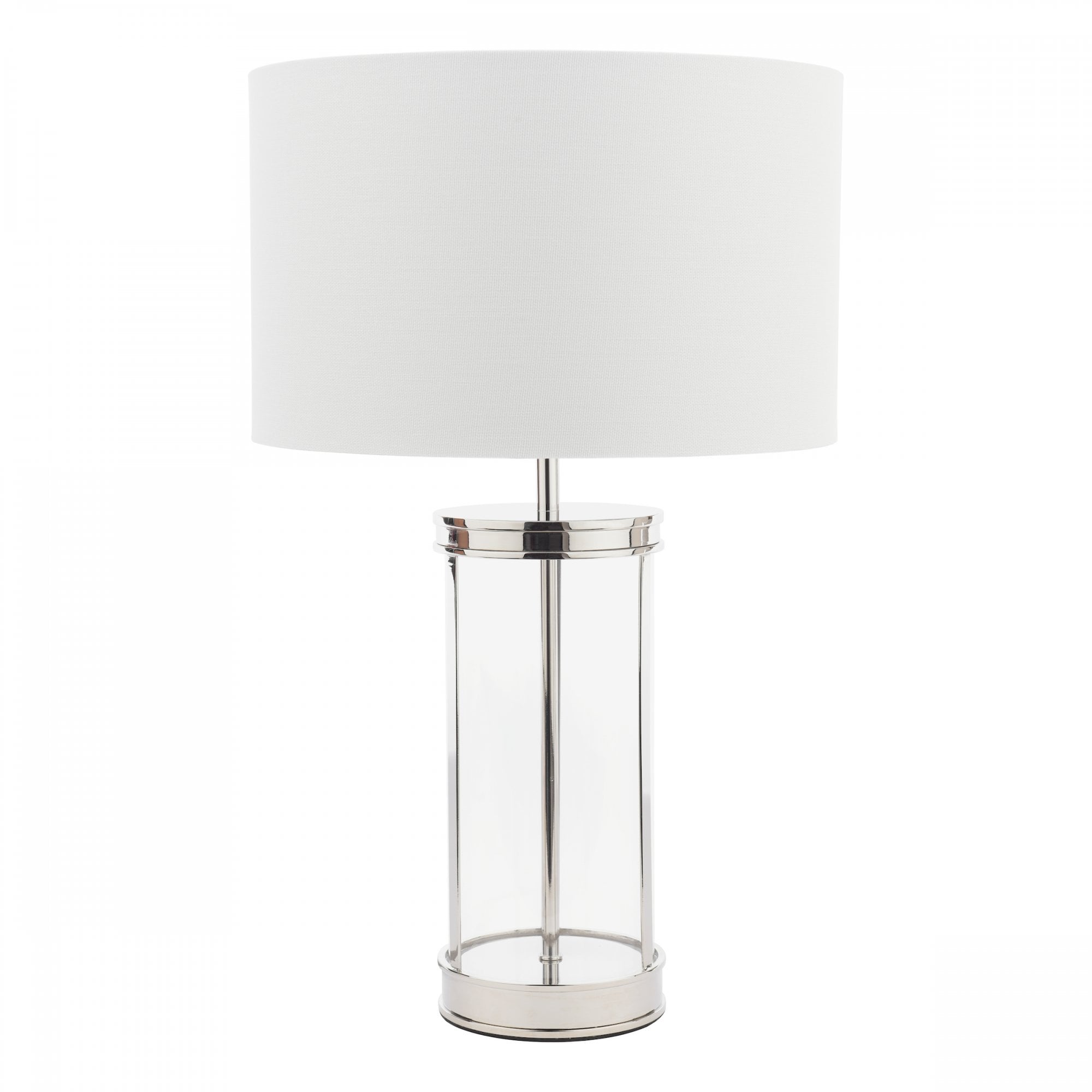 A glass and metal table lamp with a white lampshade on a white background.