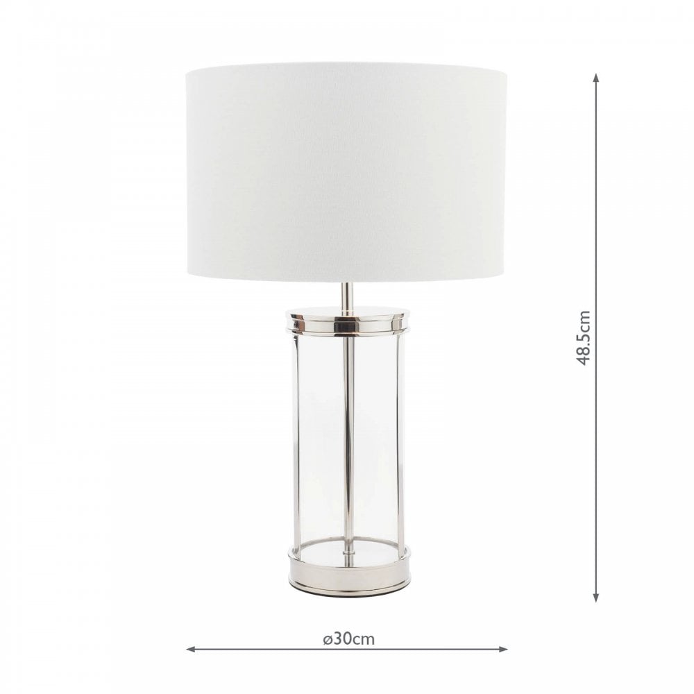 A white lampshade with a glass and metal base, showing dimensions of 48.5cm by 30cm.