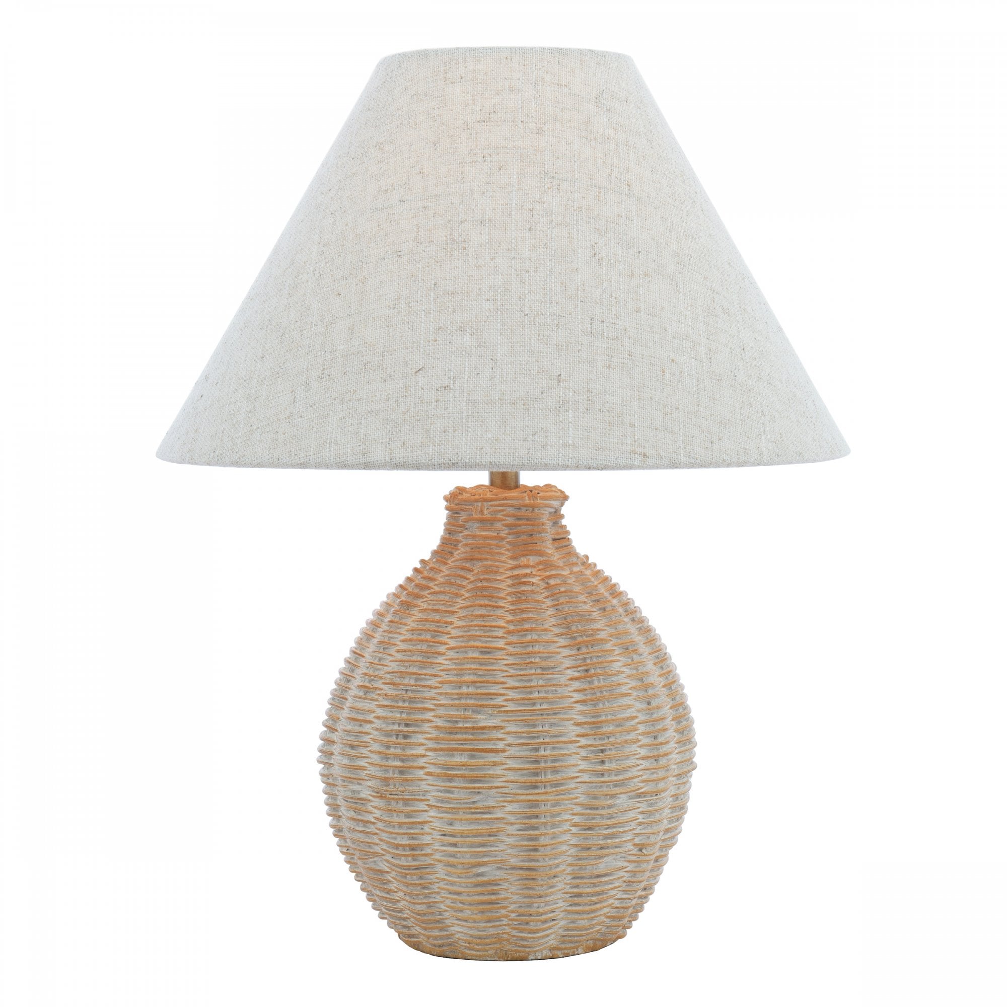A studio shot of a wicker table lamp with a conical off-white shade.