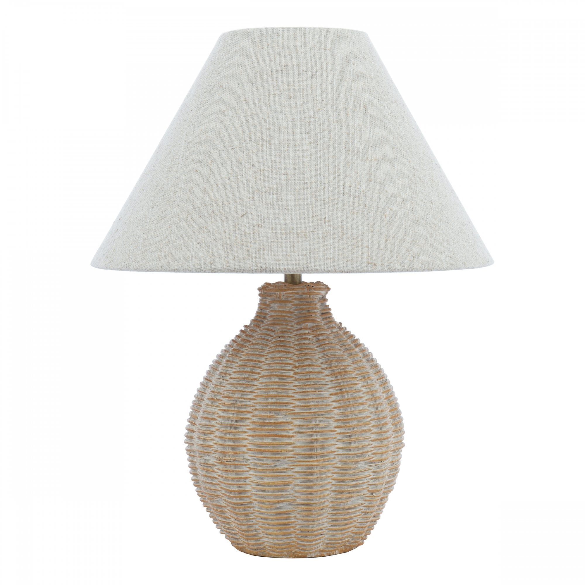A studio shot of a wicker table lamp with a conical off-white shade.