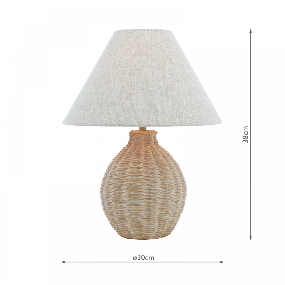 A wicker table lamp with dimensions: 38cm height and 30cm diameter.