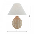 A wicker table lamp with dimensions: 38cm height and 30cm diameter.