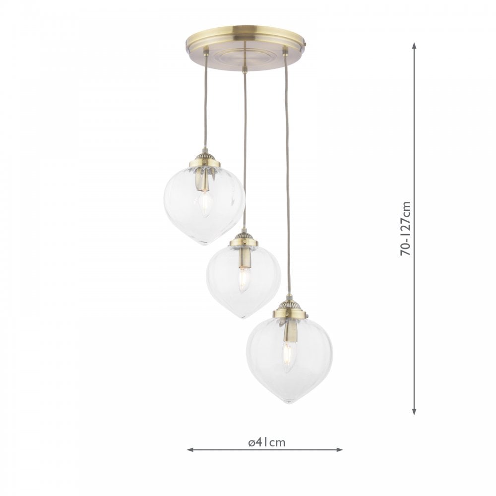 Diagram of three clear glass pendant lights with dimensions.