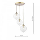Diagram of three clear glass pendant lights with dimensions.