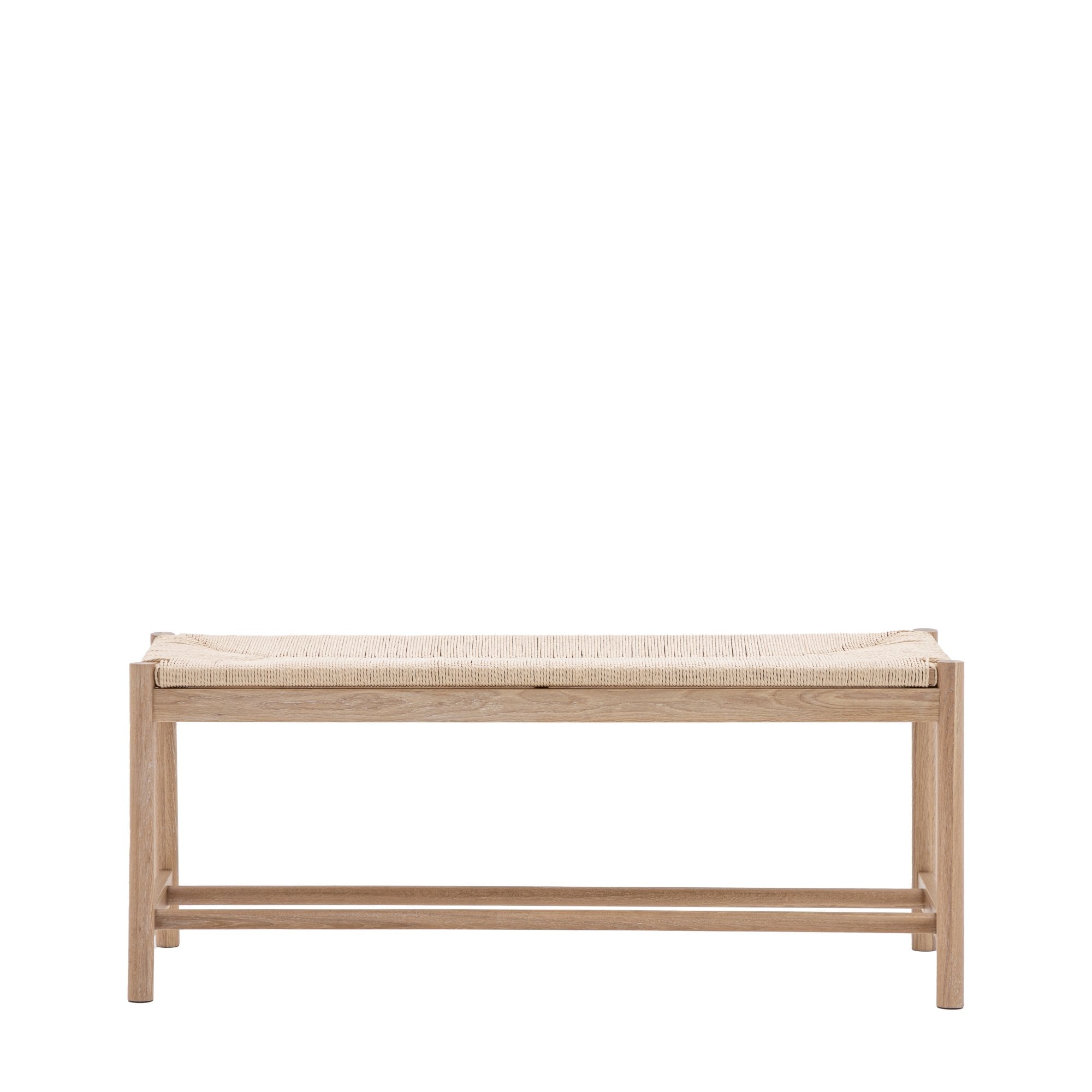 Front view of a light wooden bench with a woven seat on a white background.