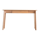 Front view of a minimalist wooden desk with a central drawer on a white background.