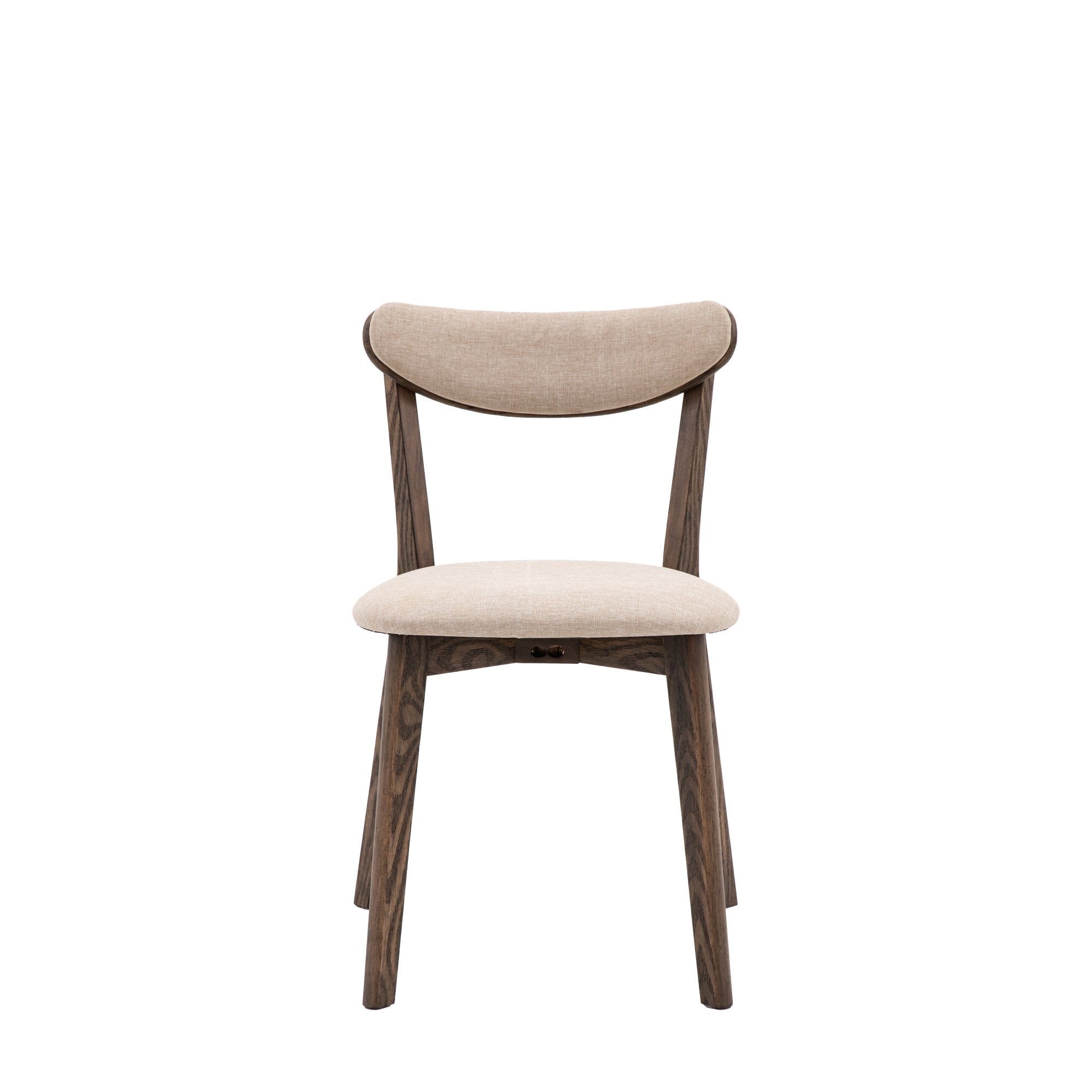 A front view of a stylish dining chair with a light fabric seat and a curved wooden back.
