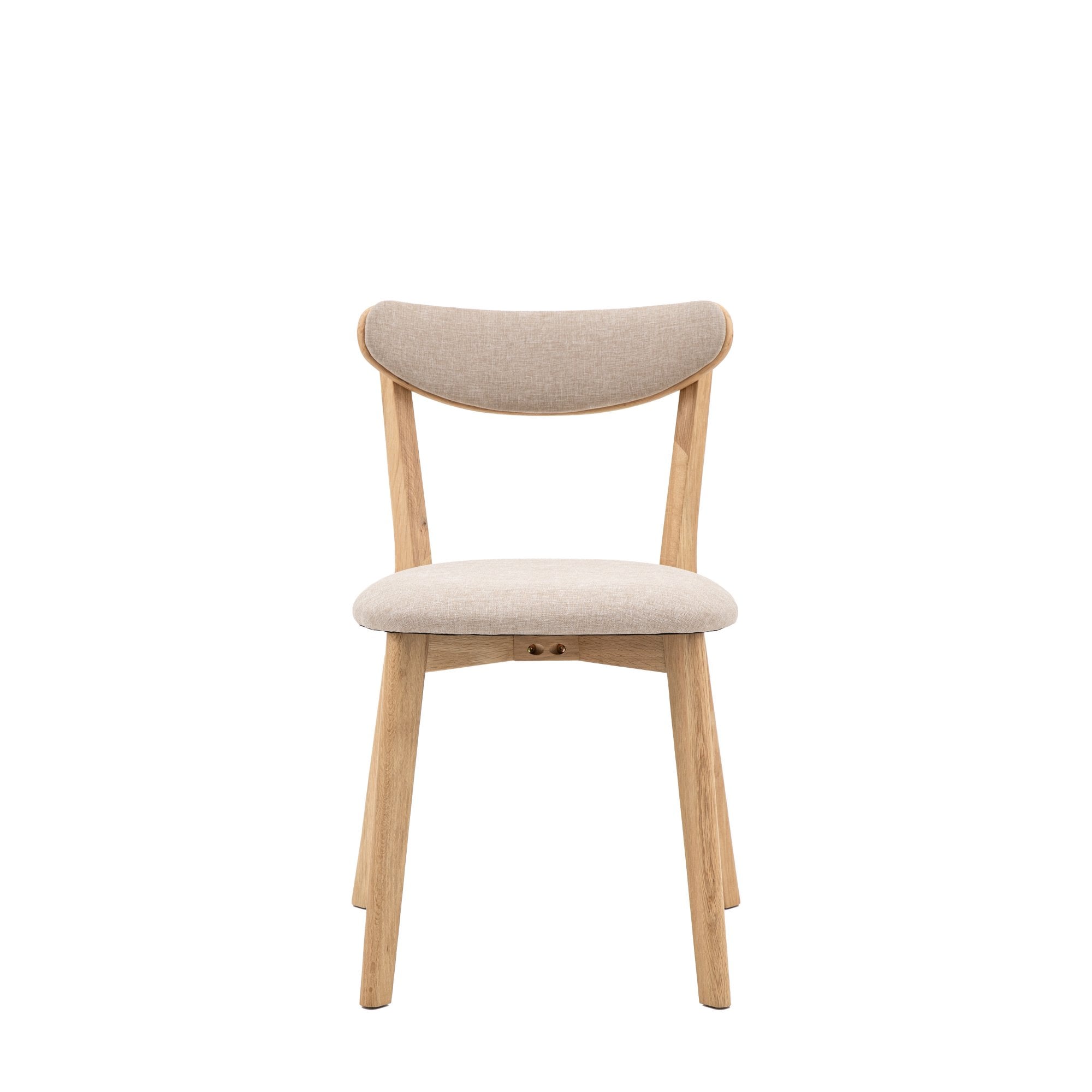 A light wood dining chair with a cream upholstered seat and back on a white background.