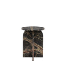 Dark green marble side table with an arch-shaped base and natural brown veins.