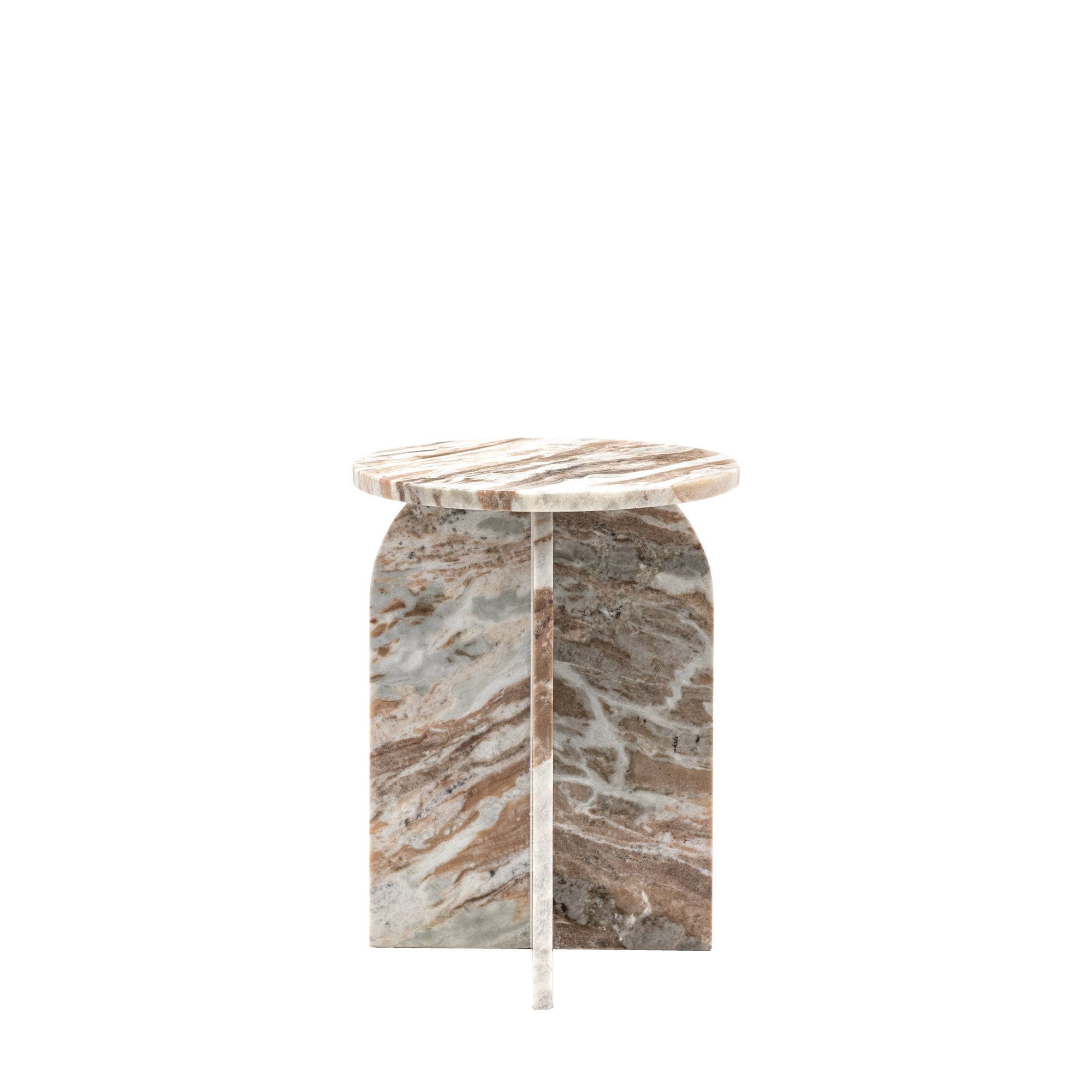 Front view of the round marble side table with an arched base on a white background.