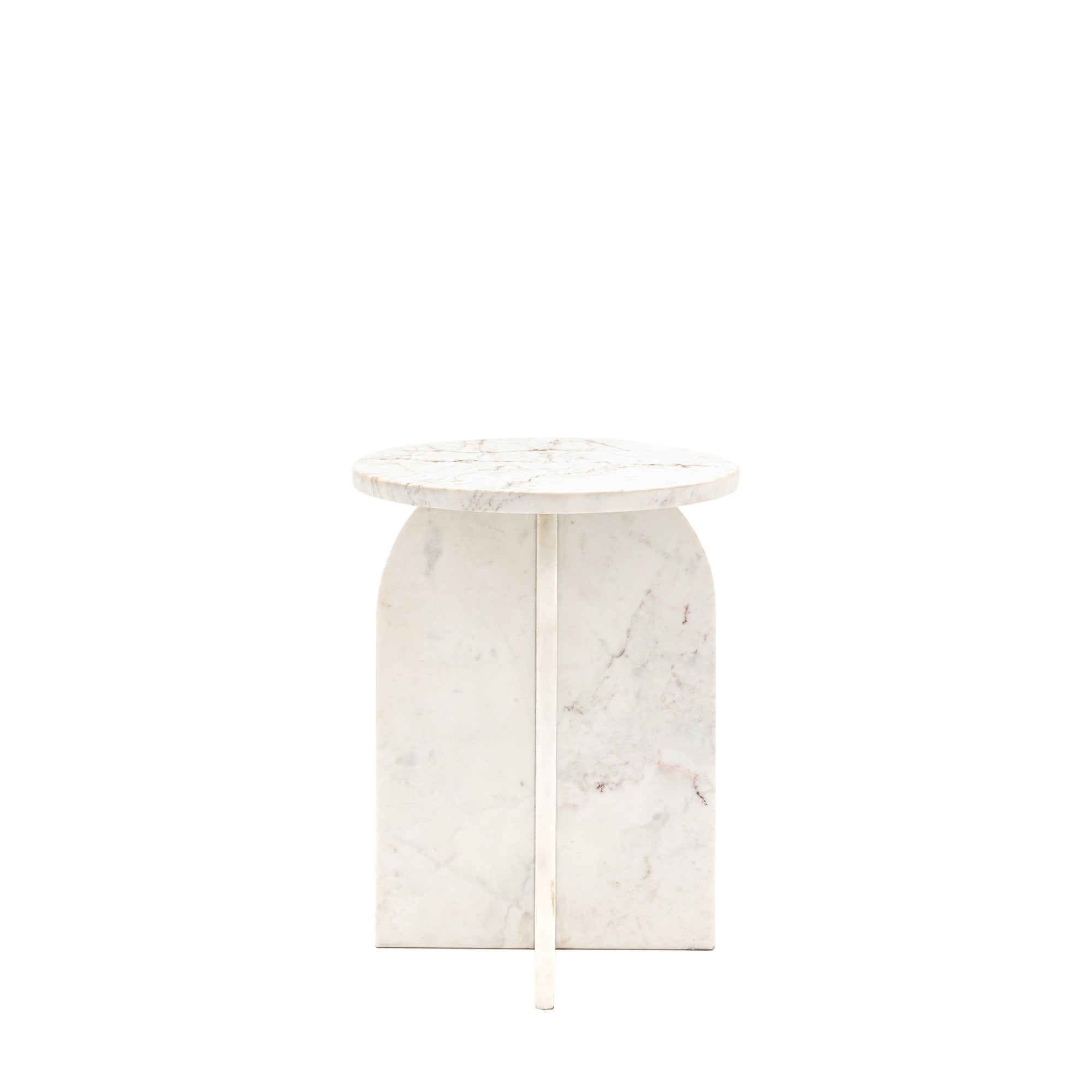 A white marble side table with an arched base and a round top.