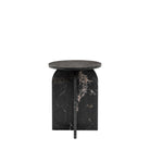 Front view of the black marble side table with a round top and arched legs.