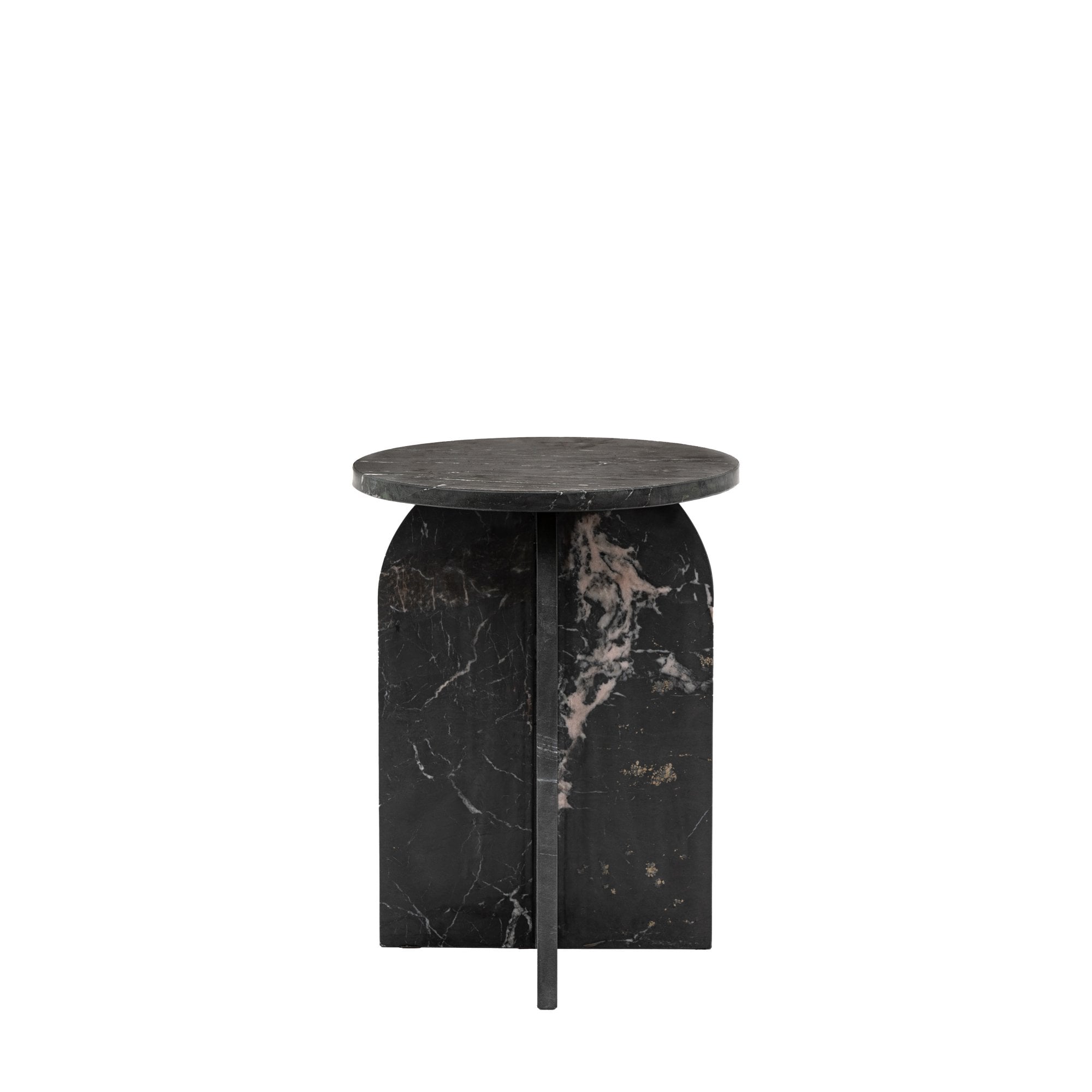 Front view of the black marble side table with a round top and arched legs.