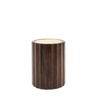 A cylindrical dark wood side table with a light stone top on a white background.