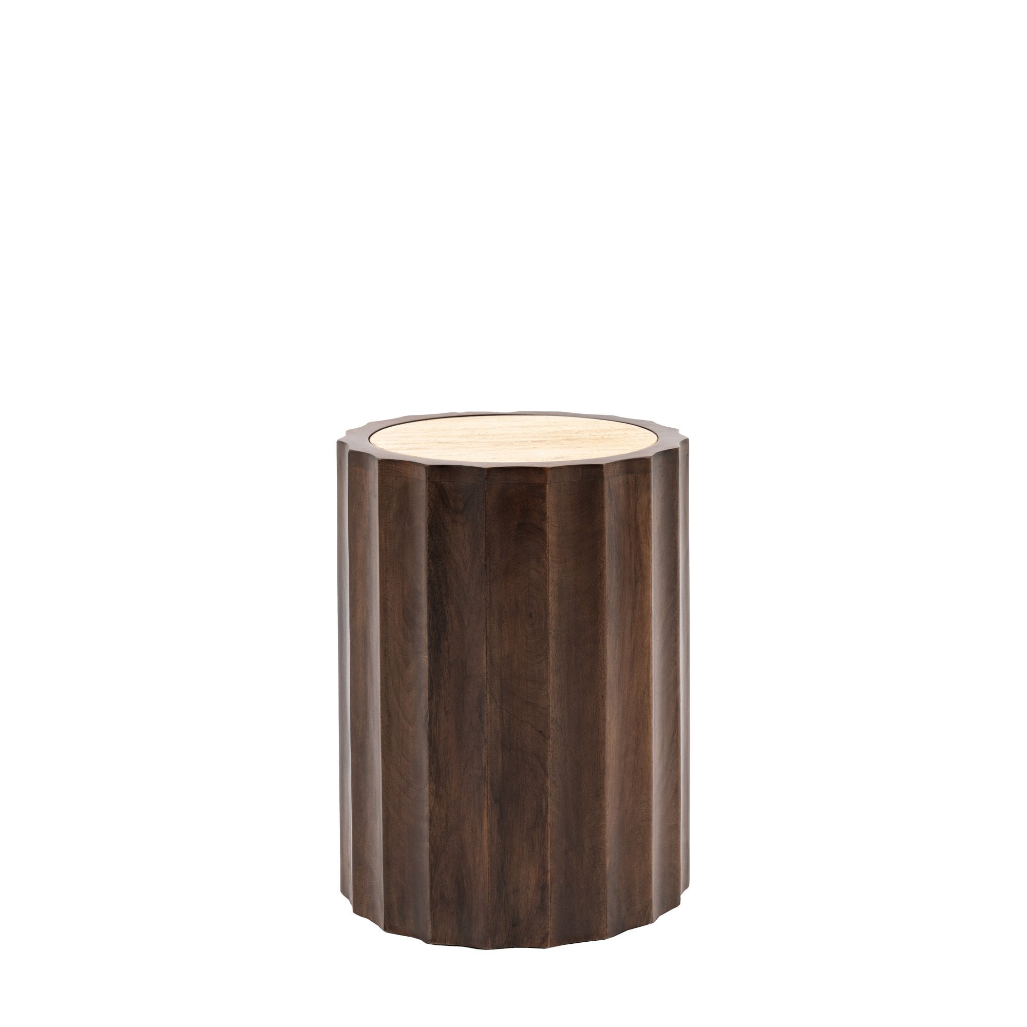 A cylindrical dark wood side table with a light stone top on a white background.