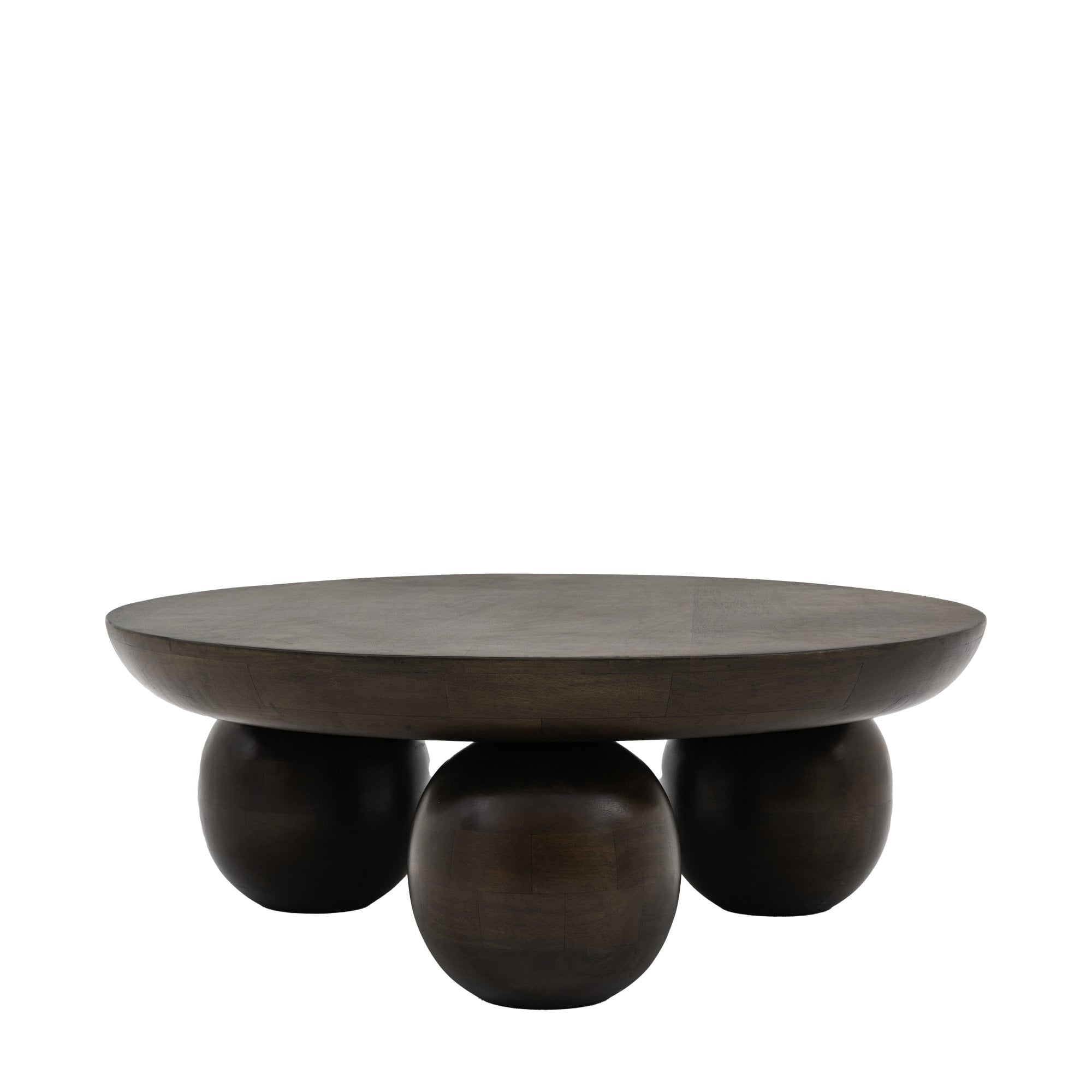 A large round coffee table made of dark wood with three spherical legs on a white background.