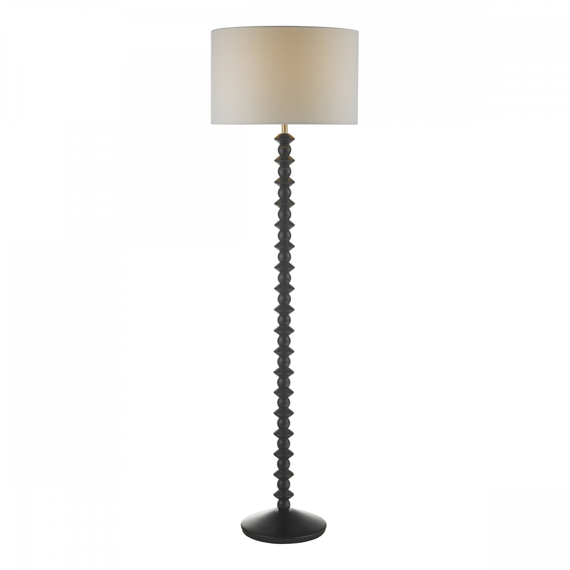 Modern black floor lamp with a textured column stand and a light fabric shade.