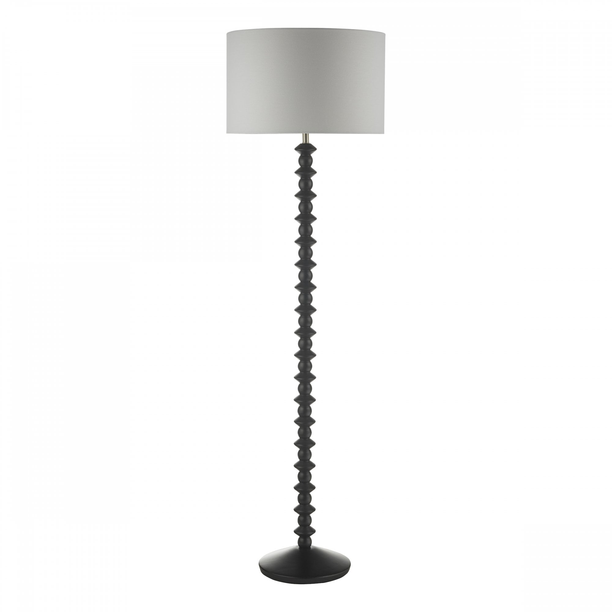 Elegant black floor lamp with a unique textured stand and a complementary light gray shade.
