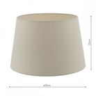 A beige lampshade, wider at the bottom than the top, with dimensions indicated.