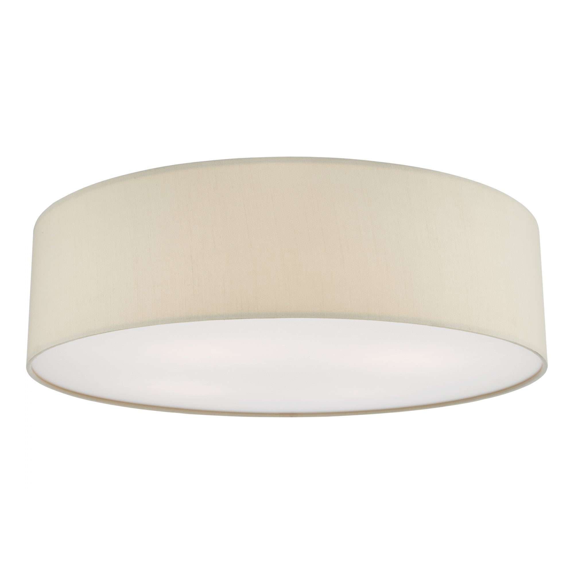 A round, cream-colored fabric ceiling light on a white background.