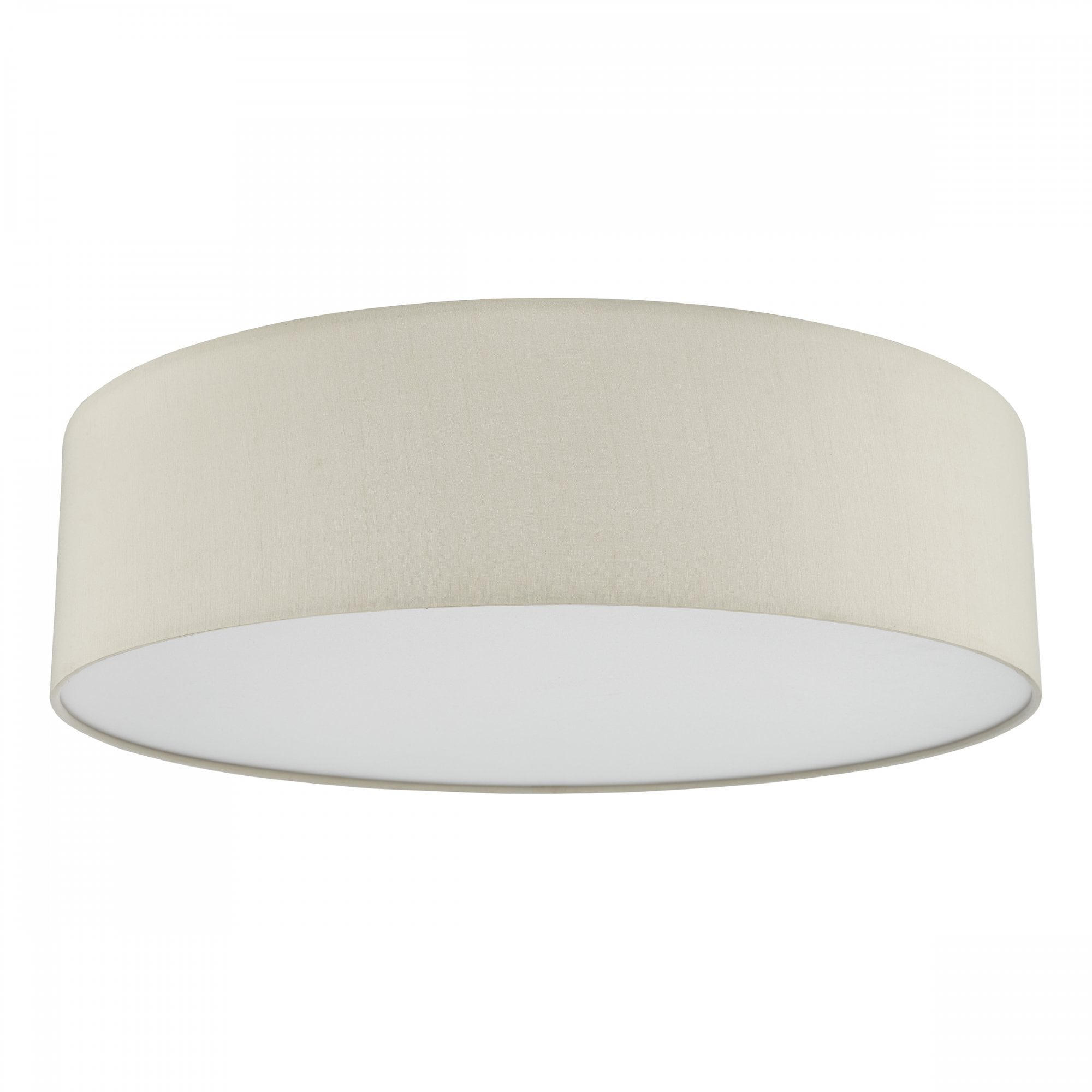 A round, cream-colored fabric ceiling light on a white background, viewed from below.