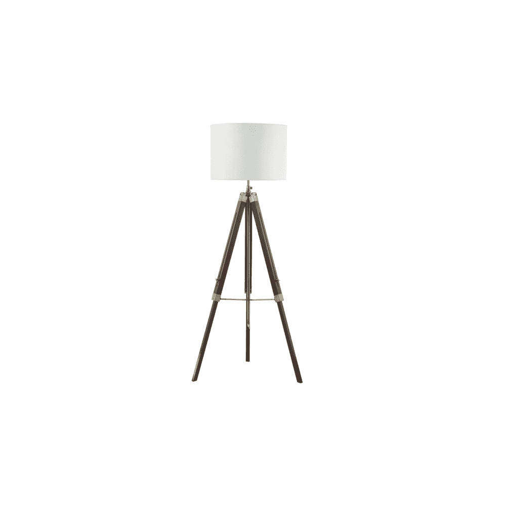 A floor lamp with dark brown wooden tripod legs and a white circular shade.