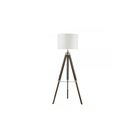 A floor lamp with dark brown wooden tripod legs and a white circular shade.