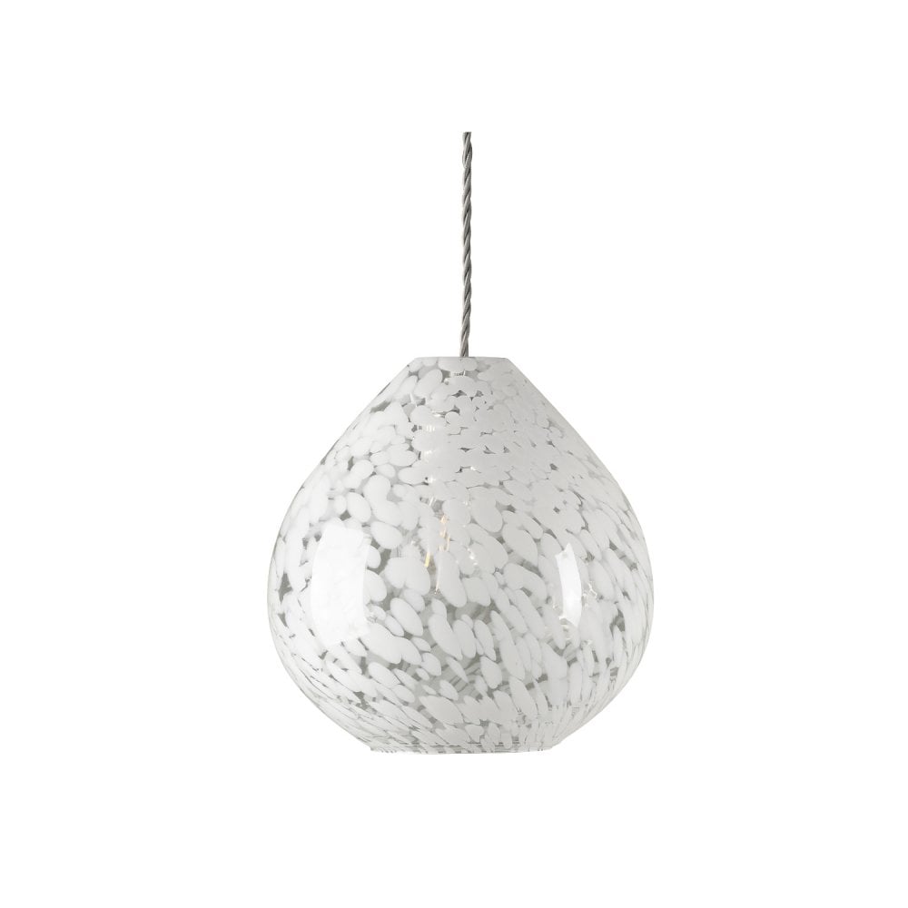 White and clear speckled glass teardrop pendant light with an unlit bulb.