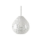 White and clear speckled glass teardrop pendant light with an unlit bulb.