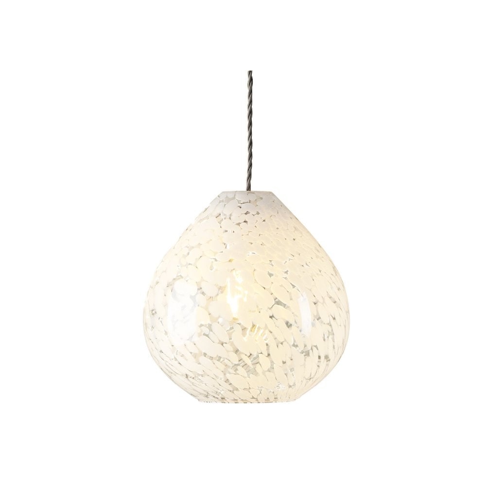 White and clear speckled glass teardrop pendant light with a lit bulb.