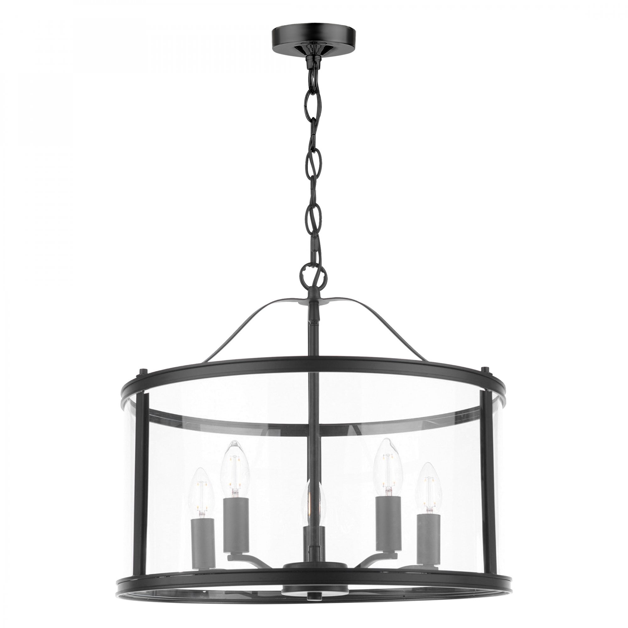 A sleek black chandelier with a circular glass enclosure and four exposed bulbs on a white background.
