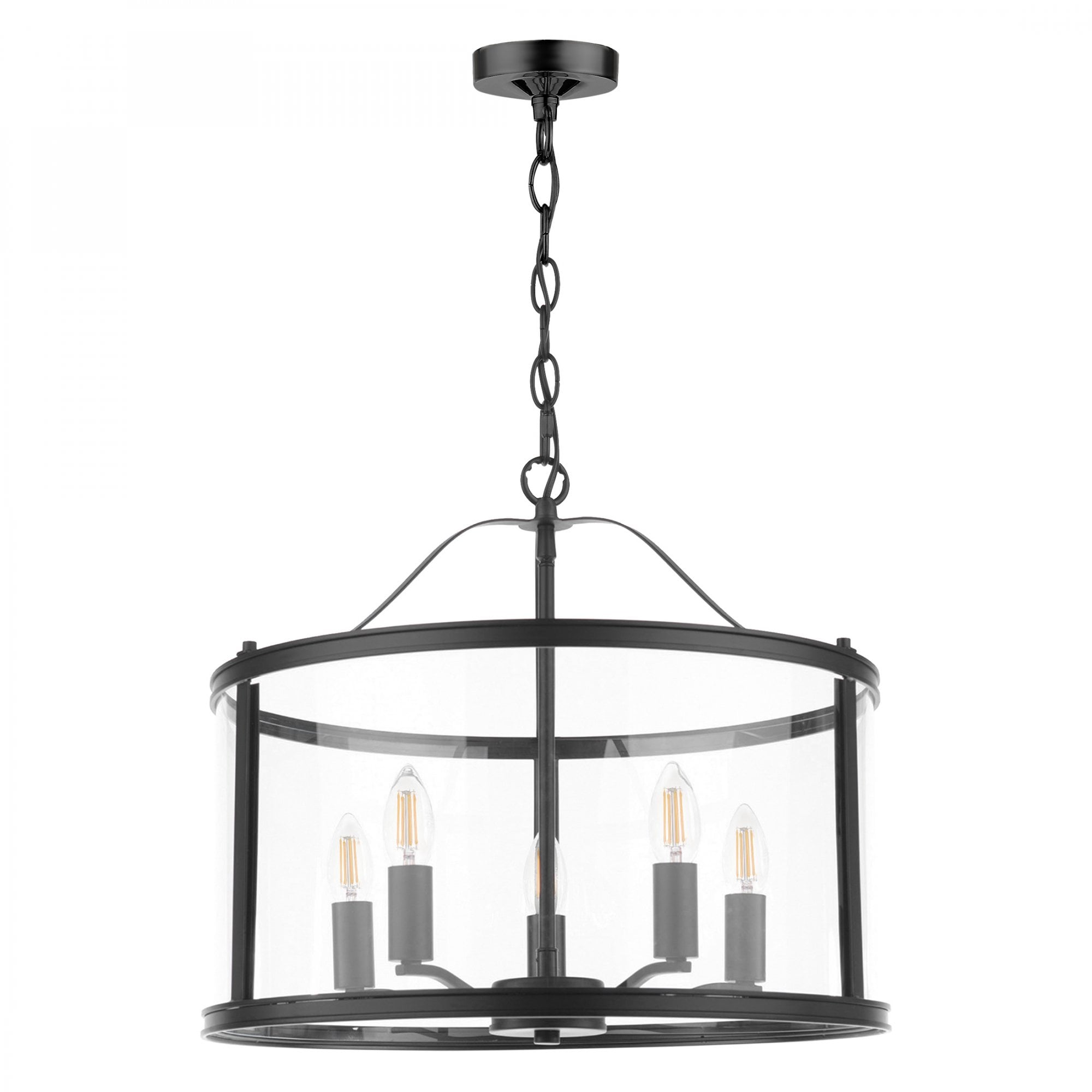 A minimalist black chandelier with a clear glass drum shade, featuring four visible bulbs.