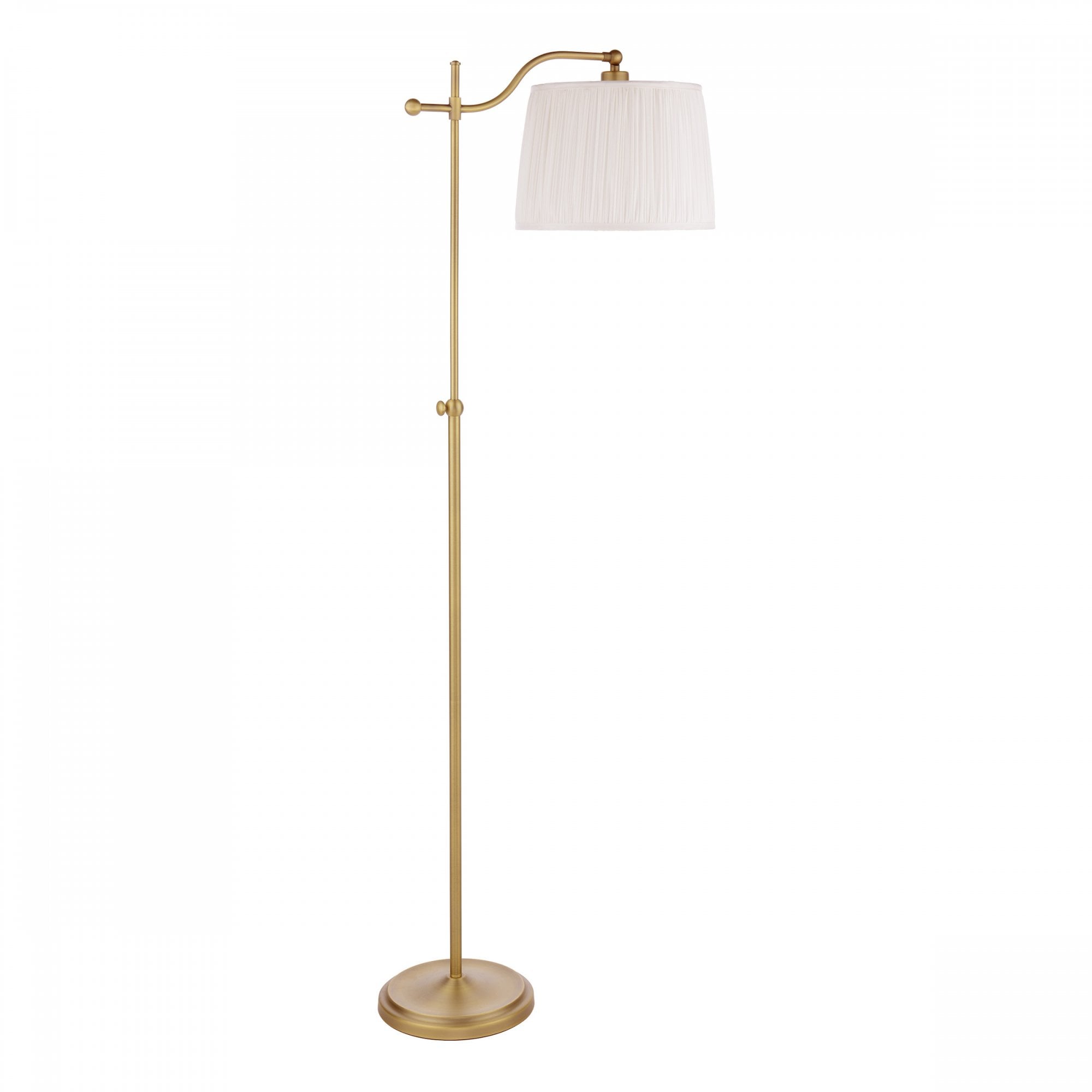 A brass-finished floor lamp with a pleated fabric shade and adjustable arm on a white background.
