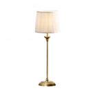 A tall brass table lamp with a pleated white fabric shade on a white background.