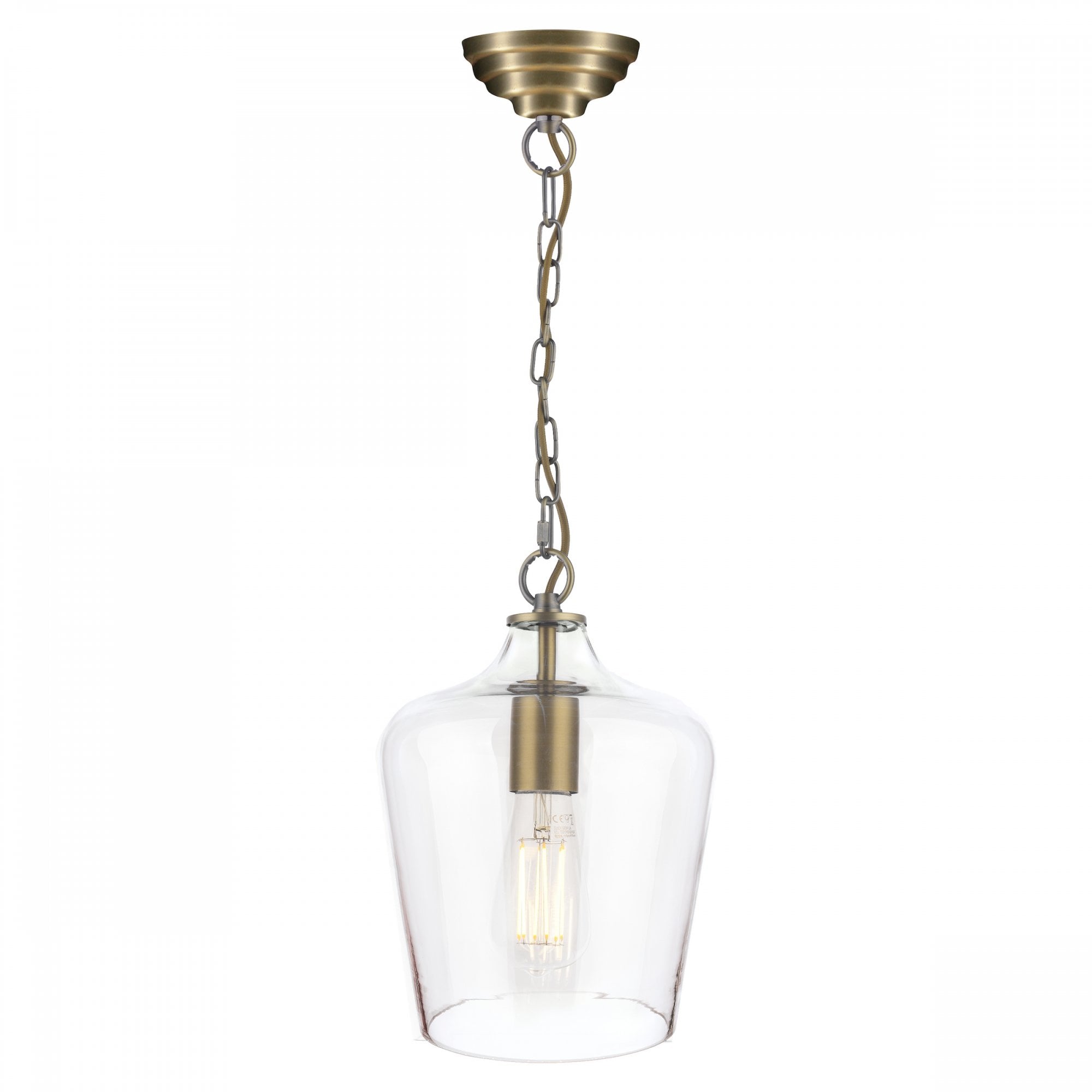 A full studio shot of the pendant light with a clear glass shade.