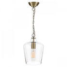 A full studio shot of the pendant light with a clear glass shade and Edison bulb.